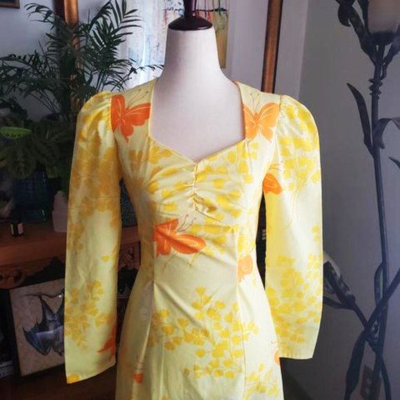 Vintage Dresses & Skirts - Vintage 70s Puff Sleeve Butterfly Maxi Dress